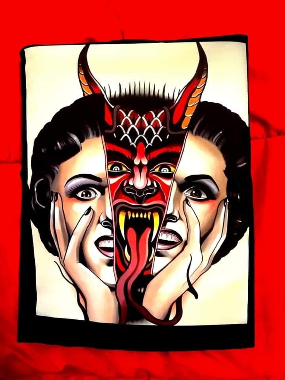 Red Short Sleeve Graphic Tee with Demon Face Print